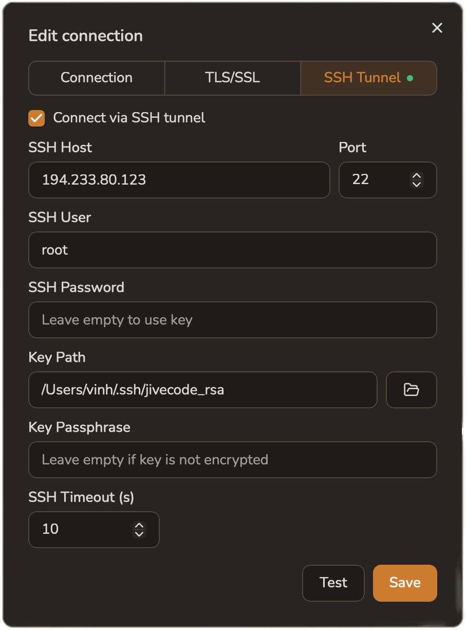 The connection dialog on the SSH Tunnel tab, with a key file configured