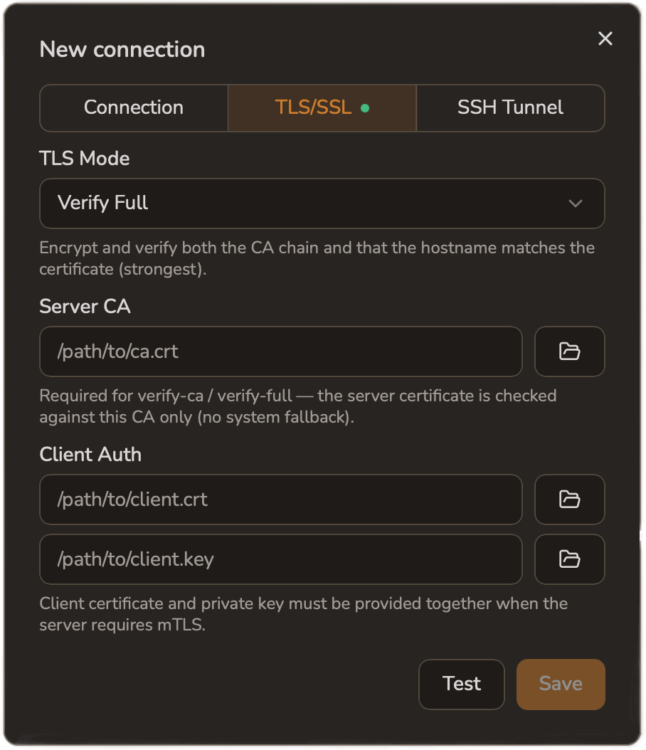 The connection dialog on the TLS/SSL tab, with Verify Full selected