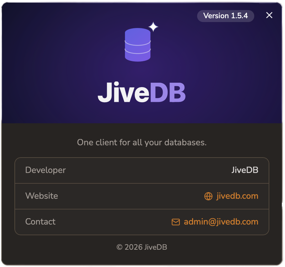 The About JiveDB dialog, with the sidebar expanded behind it