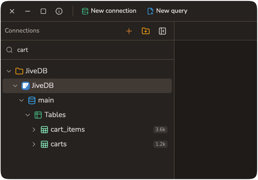 Typing "cart" into the sidebar search box filters the tree down to matching items