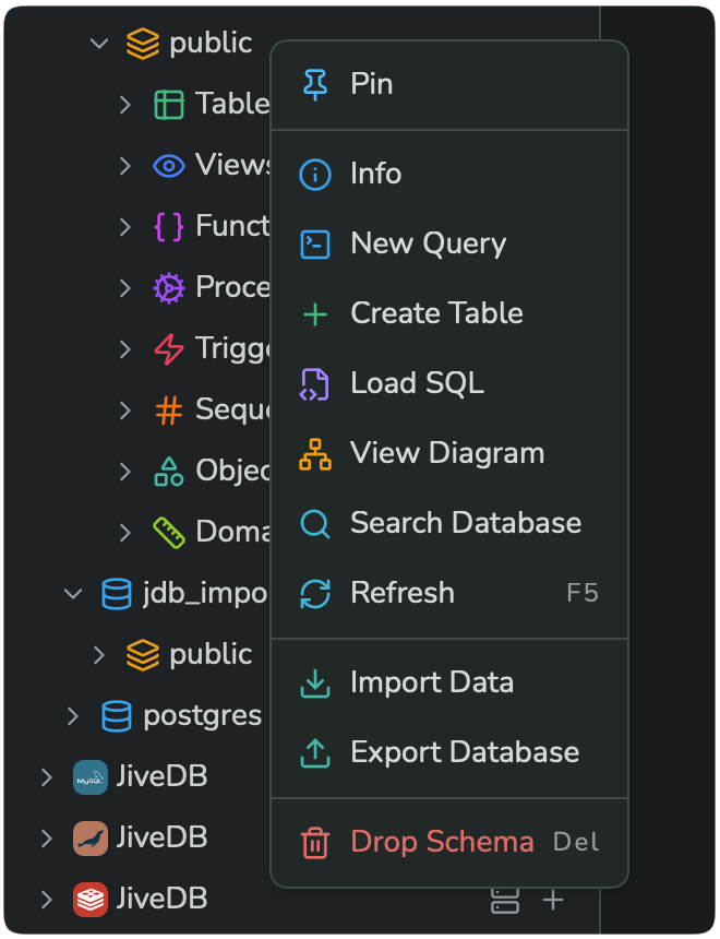 Right-click menu on a schema node