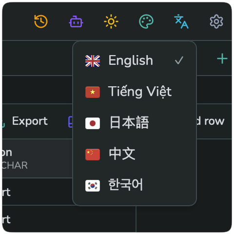 The language dropdown, listing English, Tiếng Việt, 日本語, 中文, 한국어, each with a flag icon