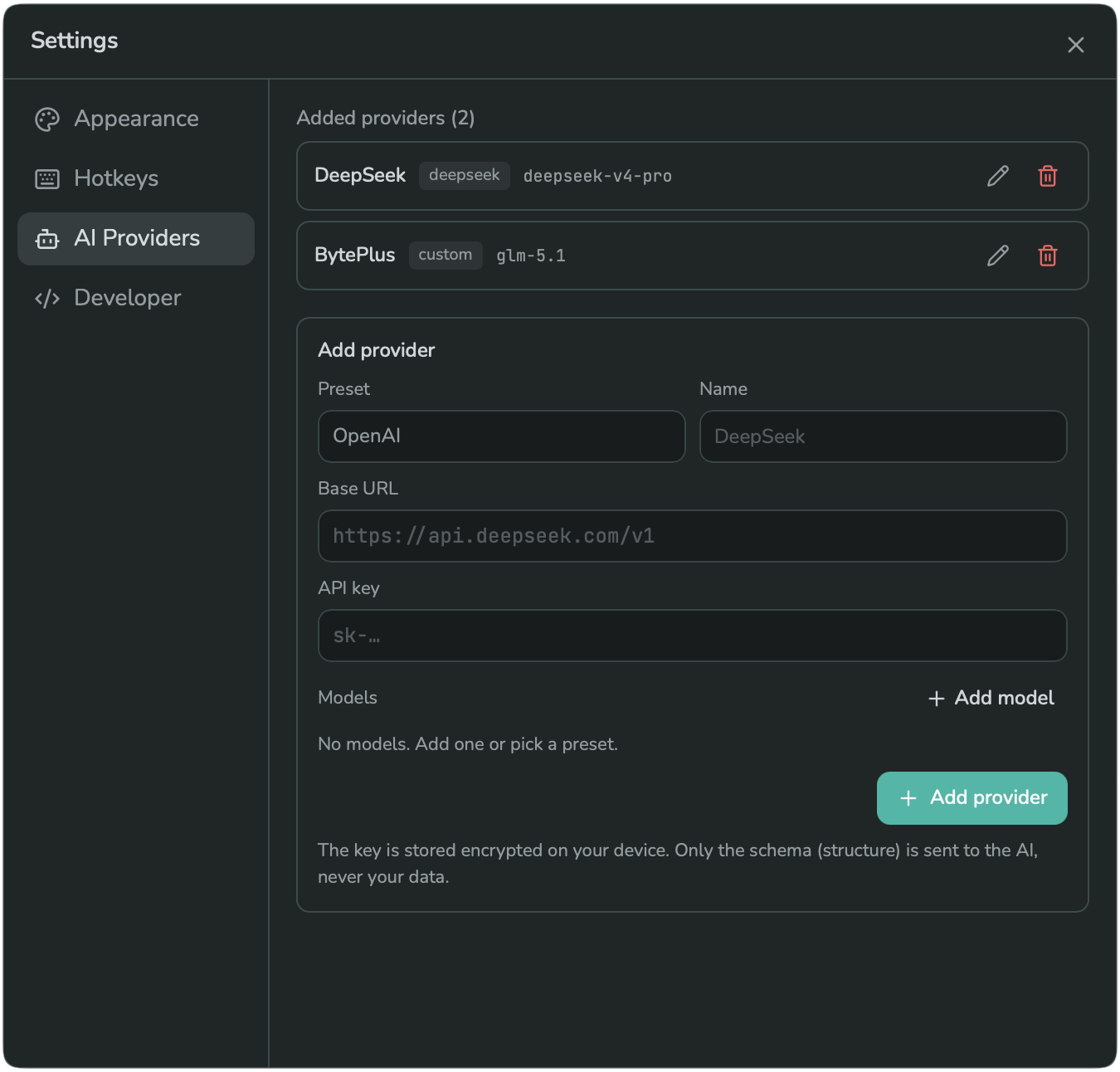 The AI Providers section, with two example providers added: DeepSeek and a custom provider