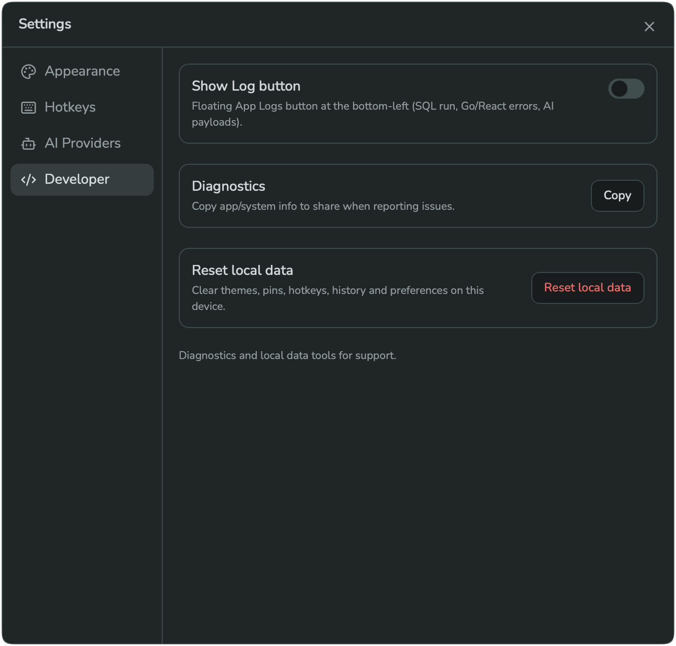 The Developer section, with Show Log button, Diagnostics, and Reset local data