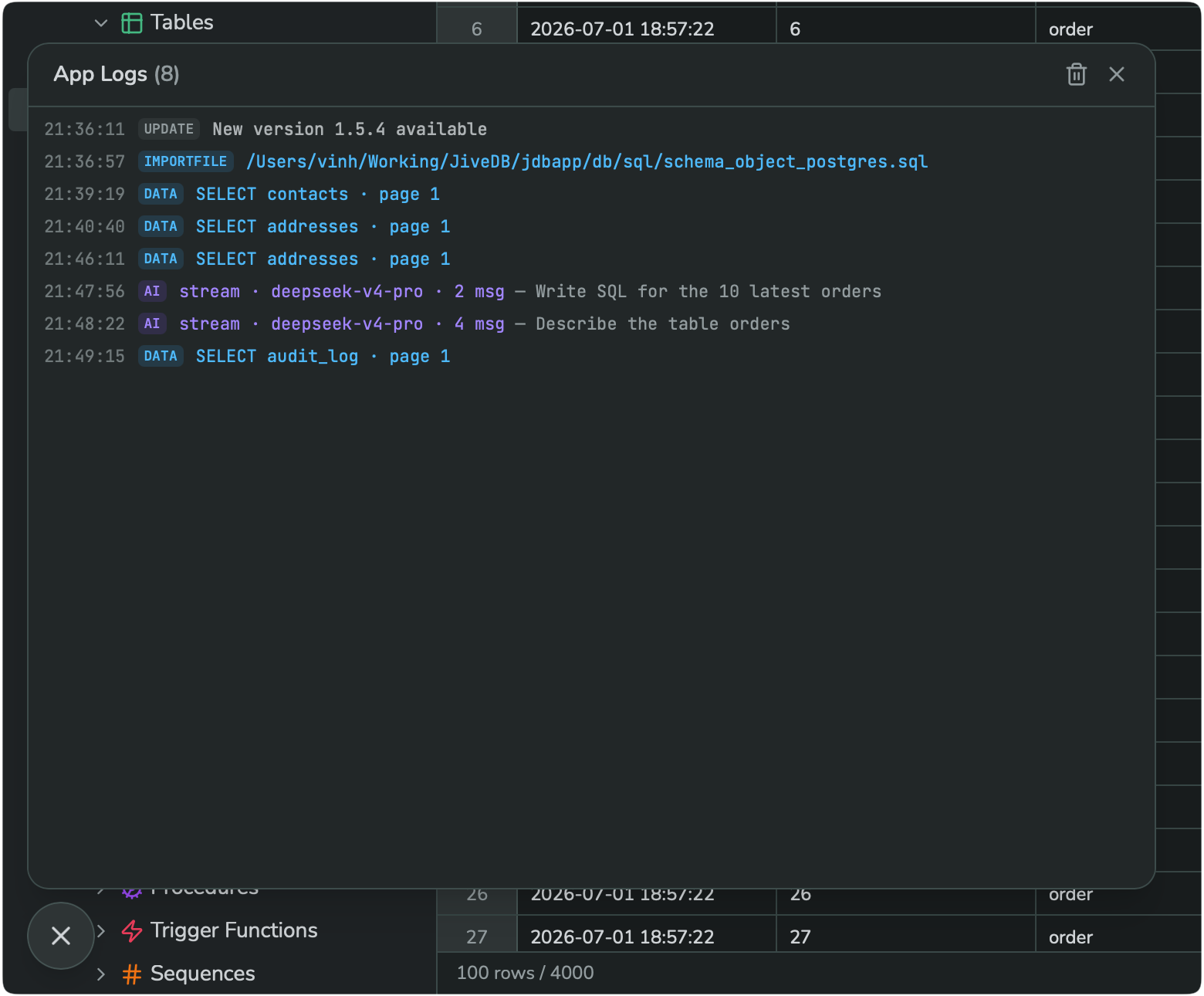 The App Logs panel, listing timestamped entries for updates, imports, queries, and AI activity