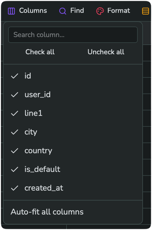 The Columns dropdown, with a checklist of every column and a search box