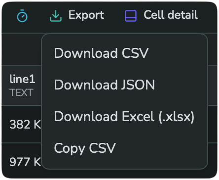 The Export dropdown: Download CSV, Download JSON, Download Excel, Copy CSV