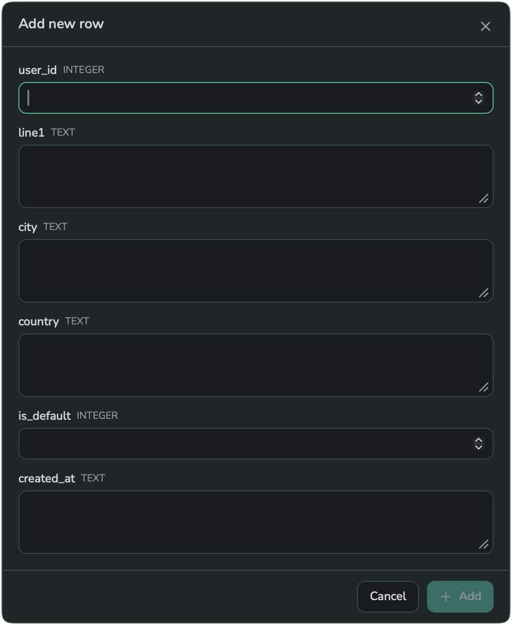 The Add new row dialog, with one input per column
