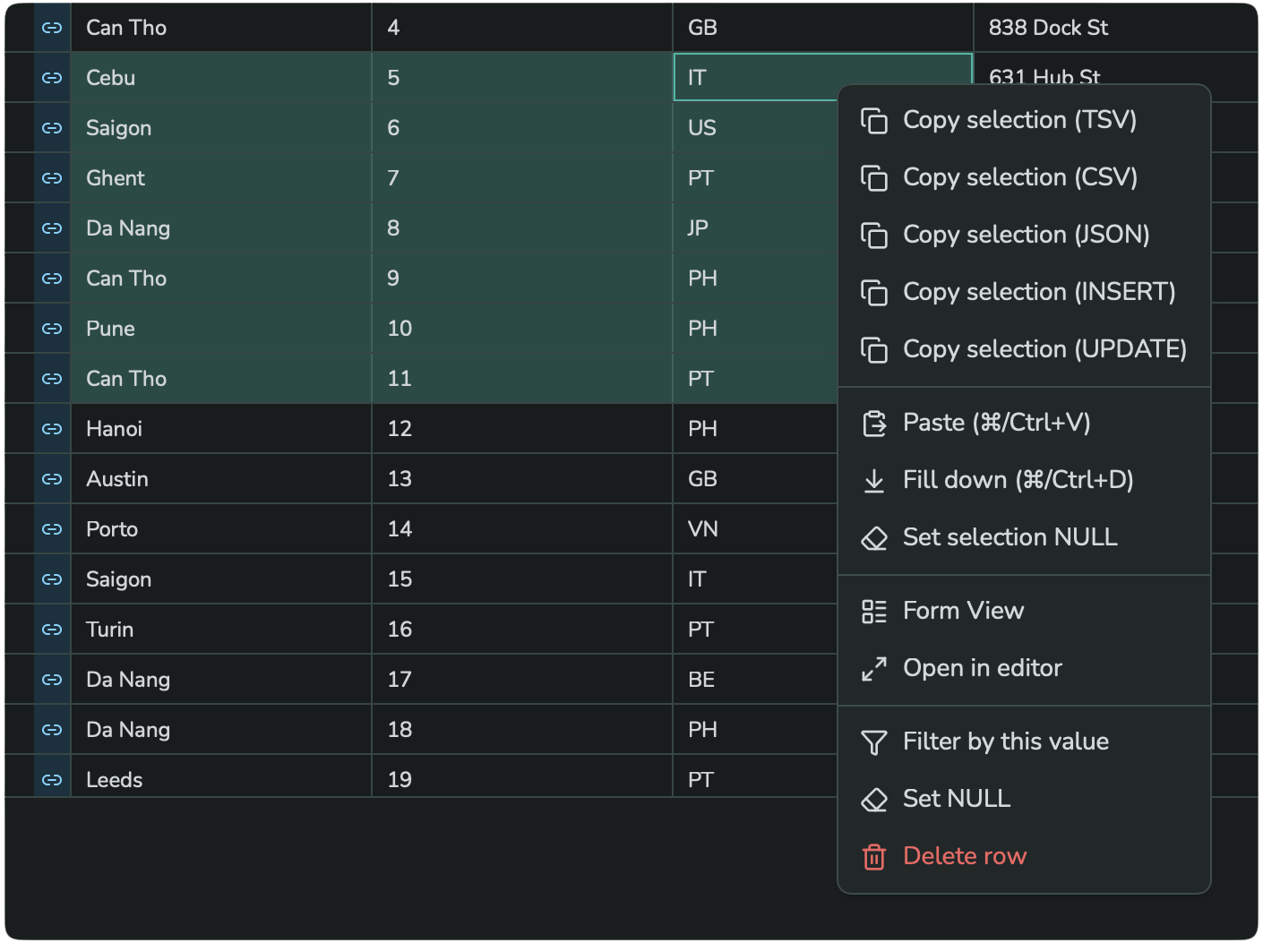 A rectangular block of selected cells, with a right-click menu offering several copy formats